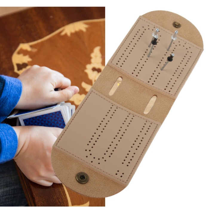 Set joc Cribbage piele maro portabil 2 jucatori 8+ ani 15x10cm