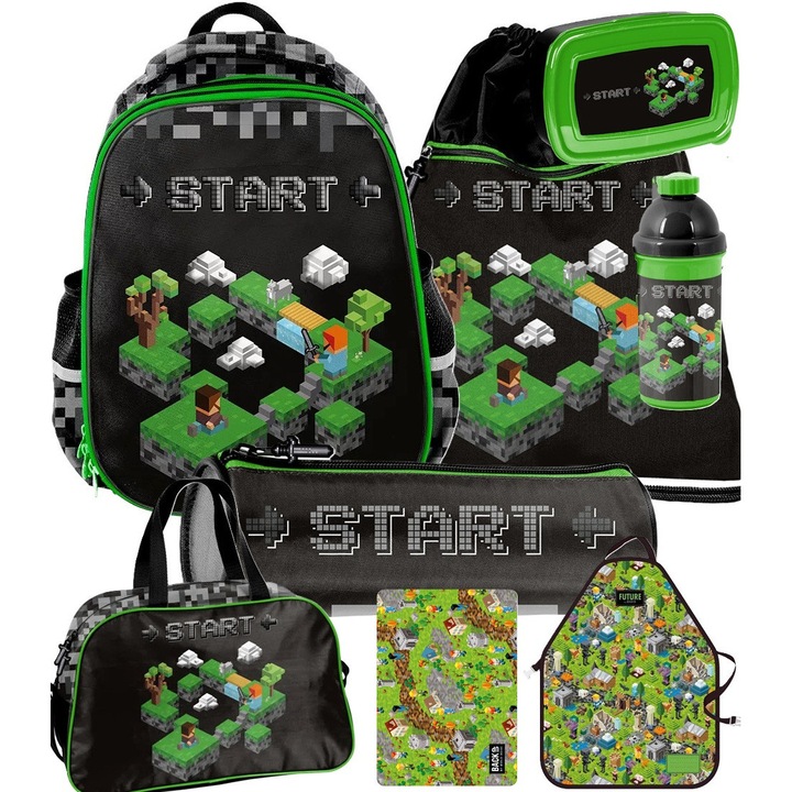 8in1 MINECRAFT Set Ghiozdan scolar ergonomic, penar, sac pentru sport sticla pentru apa, cutie pentru pranz GAME