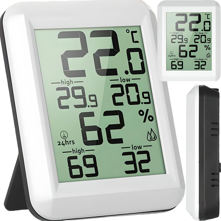 Digitális beltéri hőmérő higrométerrel, páratartalom érzékelővel, LCD kijelzővel, 10x5cm, fehér/fekete