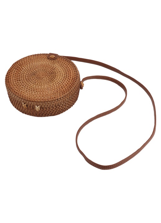 Kézzel készített, kerek, természetes rattan táska, állítható bőr pánttal, 20 cm, barna