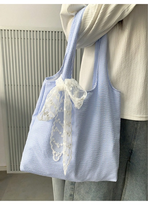 Geanta dama, albastru, carouri, panza, capacitate mare, umar, crossbody