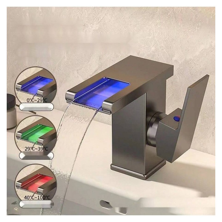 Csaptelep, LED vízesés, gunmetal szürke, vízbevezető cső nélkül