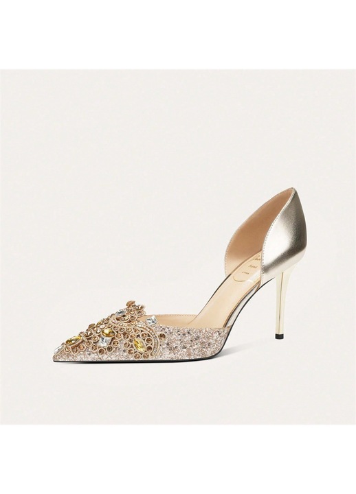 Pantofi dama, toc stiletto, elegant, auriu, piele ecologica