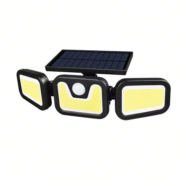 Lampa solara cu senzor, 74 LED, 3 capete rotative, alb