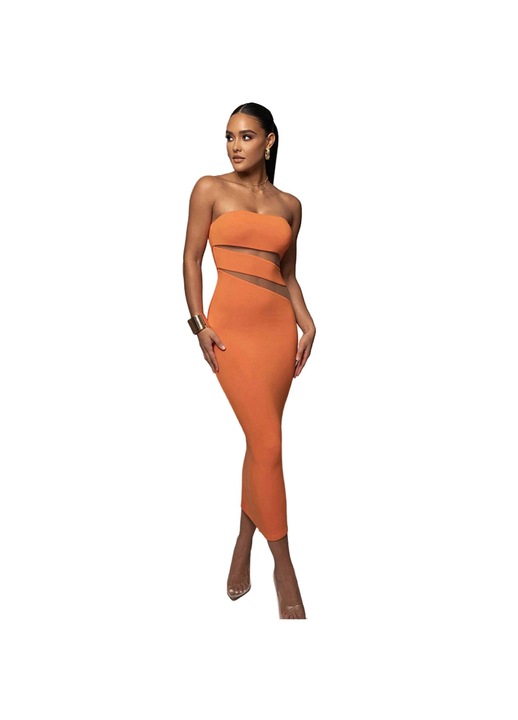 Rochie de ocazie, portocalie, lunga, fara maneci, bodycon, M INTL