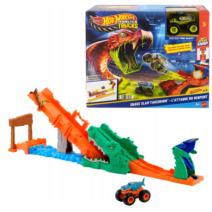 Hot Wheels Monster Trucks Krokodil Száj Pálya játékszett, Mega-Wrex járművel, 1:64 méretarány, mobil kaszkadőr rámpa, kompatibilis a Speed Snap-pel, Többszínű, 1 szett