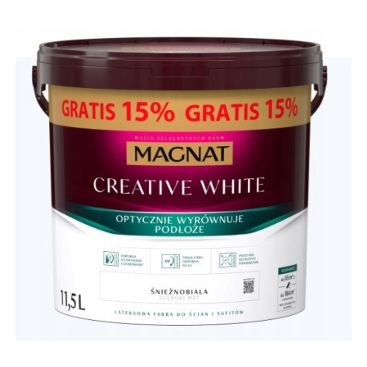 Magnat Creative White festék, mosható falfesték és mennyezetfesték, latex alapú, tükröződésmentes és antisztatikus, fehér, 11,5L