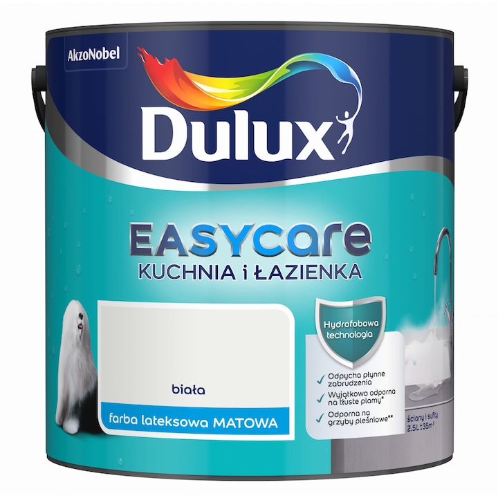Dulux Easycare mosható festék konyhába és fürdőszobába, hidrofób, foltálló, fehér, 2.5L