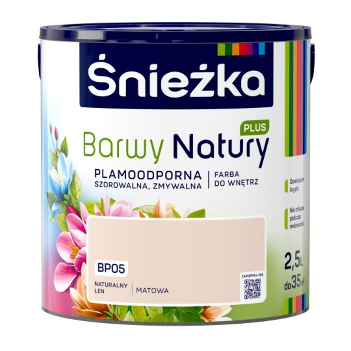 Sniezka Barwy Natury Plus BP05 beltéri mosható festék, falfesték, latex alapú, foltálló és mosható, len természetes, 2,5L