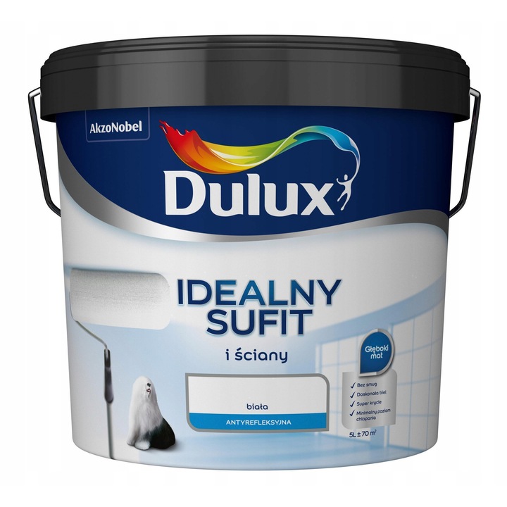 Dulux Tavan Ideal mennyezeti mosható festék, tükröződésmentes, mély matt, fehér, 5L