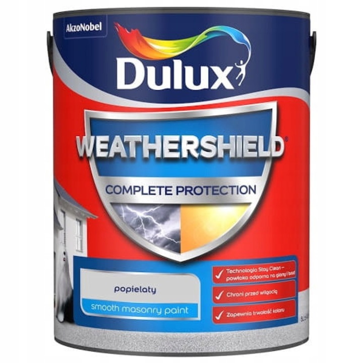 Vopsea pentru fatada Dulux, Weathershield Complete Protection, vopsea exterioara, cu tehnologie Stay Clean, rezistenta la UV si intemperii, gri, 5 l
