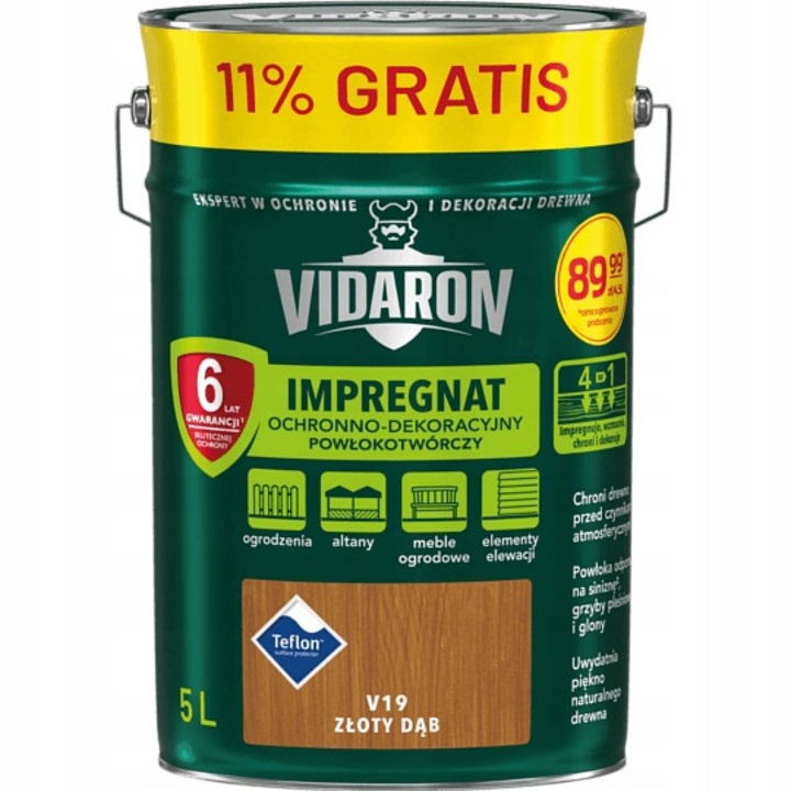 Vidaron V19 fa impregnáló, 4 az 1-ben (impregnál, erősít, véd és díszít), ellenáll a kékfoltosságnak, penésznek és algáknak, arany tölgy, 5L