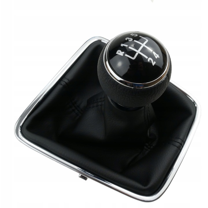 Váltógomb Erken 5 sebességes változat, kar + szoknya (mieszek) + keret szett, HQ magas minőség, kompatibilis VW Golf V Plus/Tiguan I/Sharan II/Seat Alhambra II modellekkel, fekete eco-bőr, 1 db.
