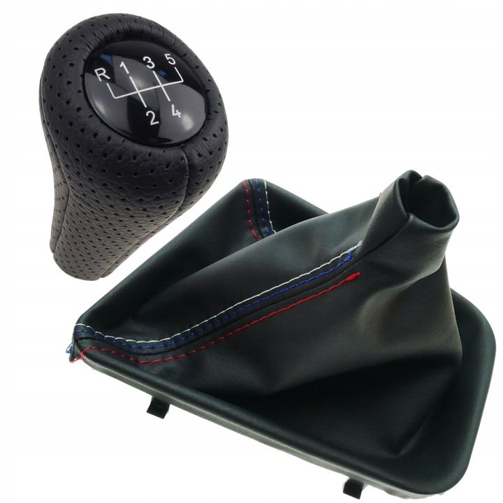 Váltógomb és váltószoknya szett Erken BMW E46 (1998-2007), perforált szintetikus bőr, háromszínű varrás (világoskék/sötétkék/piros), fekete, 1 szett