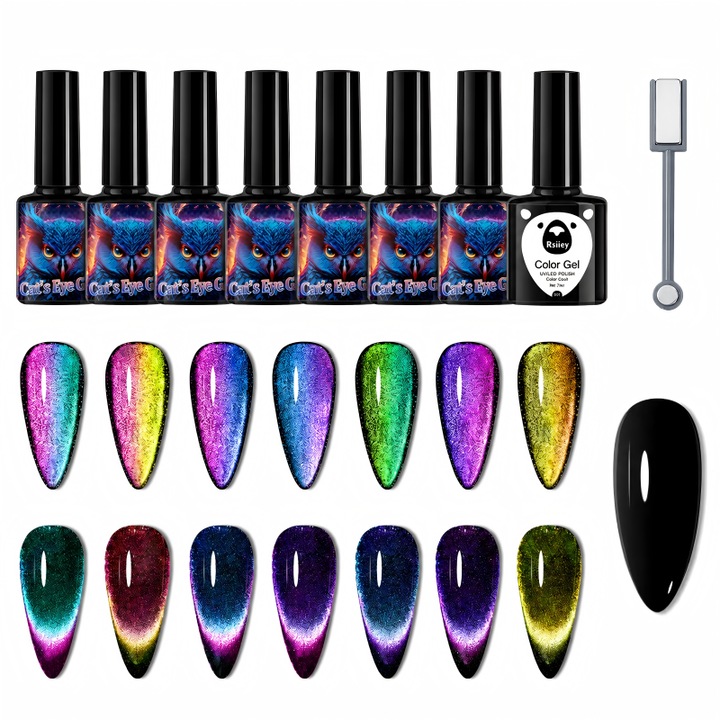 Set Oje Semipermanente Cat Eye, cu Sclipici, 8 Culori, Efect Magnetic 3D, Gel Polish UV/LED pentru Manichiura Profesionista si Acasa, Rezistent, Lucioasa, Sclipitoare, Efect Ochi de Pisica, Nail Art Design, Uscare Rapida, Fara Sipire