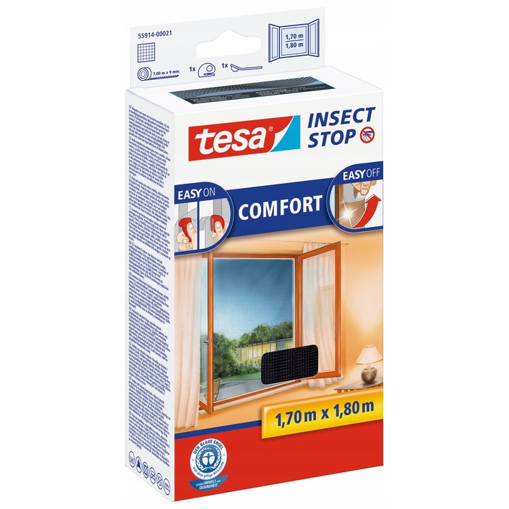 Plasa anti-insecte Tesa Insect Stop, montaj usor pe banda velcro autocolanta, poliester, alb, 1,7 x 1,8 m