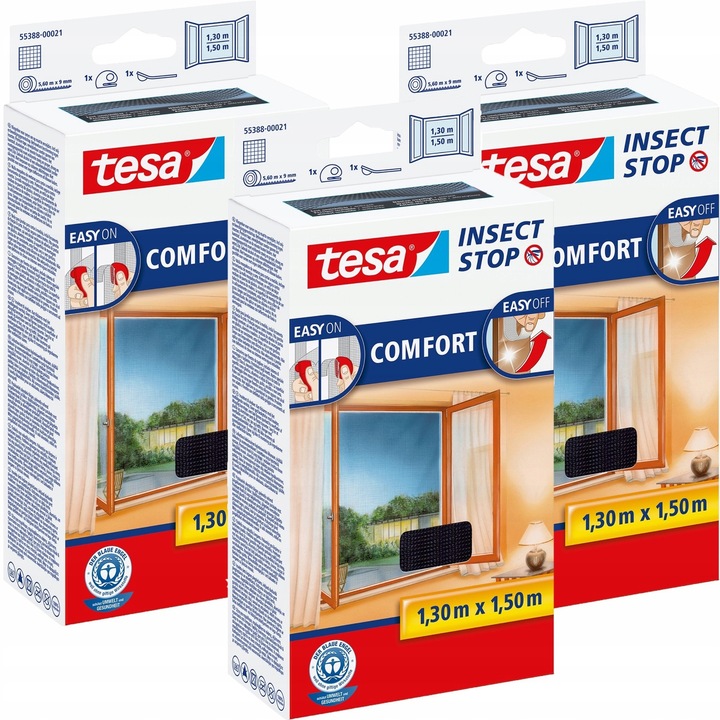 Set 3 bucati, Plasa antiinsecte Tesa Insect Stop Comfort, cu banda velcro, usor de montat, Negru, 3 x 1,30 x 1,50 m