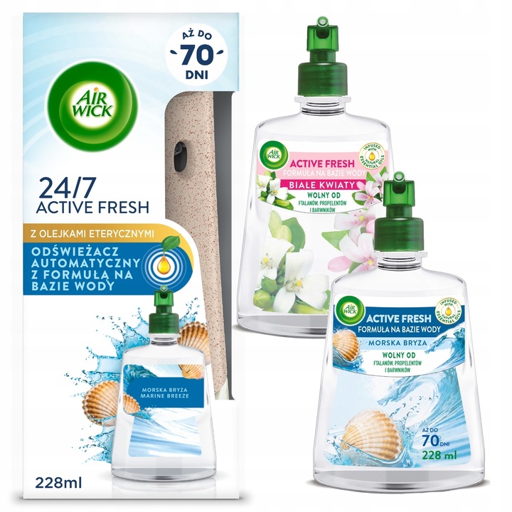 3 darabos szett, Air Wick 24/7 Active Fresh automata légfrissítő, fehér virágok és tengeri szellő illat, vízbázisú formulával és természetes illóolajokkal, Többszínű, 3 x 228 ml