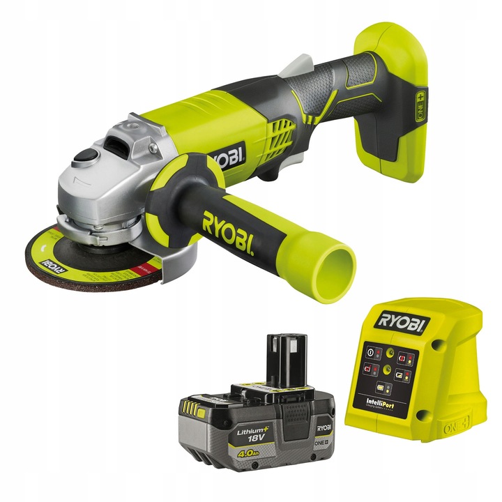 Sarokcsiszoló (flex) Ryobi, 115 mm, vezeték nélküli, 18V 4Ah akkumulátor, 1,5A töltő, zöld/sárga, 1 db