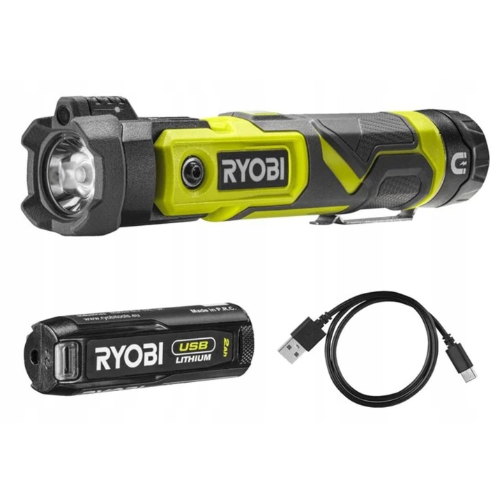Фенер Ryobi RLP4-120G ротационен 4V 640lm, батерия 2.0Ah, USB, черен
