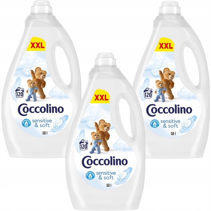 Комплект от 3 броя, балсам за пране Coccolino Sensitive & Soft, дерматологично тестван, концентриран, бял, 3 x 3L, 360 изпирания