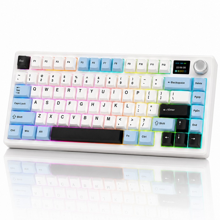 Безжична механична гейминг клавиатура AULA F75 MAX, Ice Blue, 75%, 80 клавиша, LEOBOG Reaper суичове, три-режим Bluetooth/2.4GHz/USB-C, RGB, hot-swap, TFT екран, метален въртящ се бутон, gasket, 4000mAh