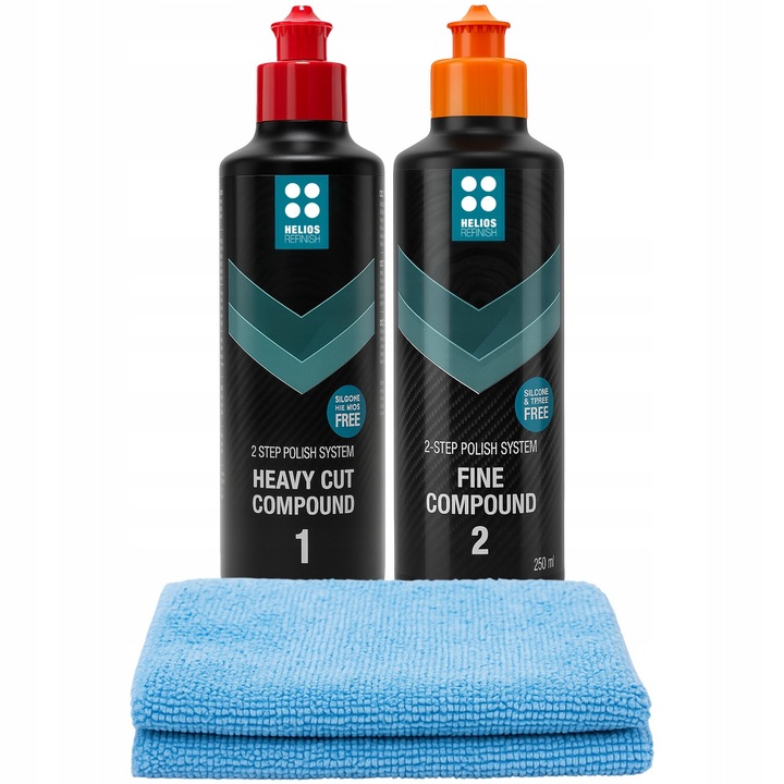 Helios HEAVY CUT 1 / FINE COMPOUND 2 polírpaszta szett, eltávolítja a karcolásokat, hologrammentes fényes felület, kék, 2 x 250ml + 1 db mikroszálas kendő