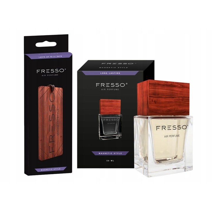 Fresso Magnetic Style autóillatosító szett, illatos fa akasztó, 50 ml-es üvegpalackos autóillatosító fa kupakkal, illat akár 31 napig, barna, 1 x akasztó és 1 x 50 ml