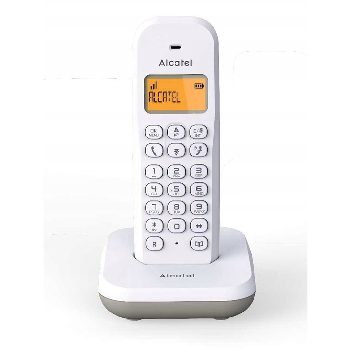 Vezeték nélküli telefon Alcatel e195, megvilágított kijelző, 10 óra beszélgetési idő, fehér