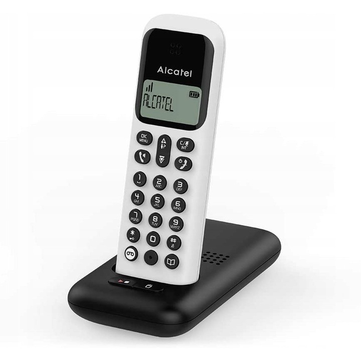 Alcatel D285 vezeték nélküli vezetékes telefon, automata üzenetrögzítővel, 4 perc felvételi idő, 50 bejegyzéses telefonkönyv, hívófél-azonosító, utolsó 10 szám listája, 2 x AAA NiMH elemmel (tartozék), fehér, 1 db