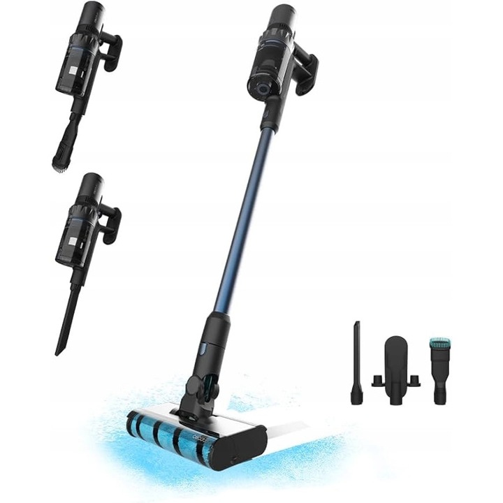 Вертикална прахосмукачка Cecotec Conga RockStar 5500 Hurricane Twice, безжична, 630 W, автономност 90 минути, циклонна филтрация, двойна ролка 360°, капацитет 0,4 L, Черна/Синя, 1 бр.