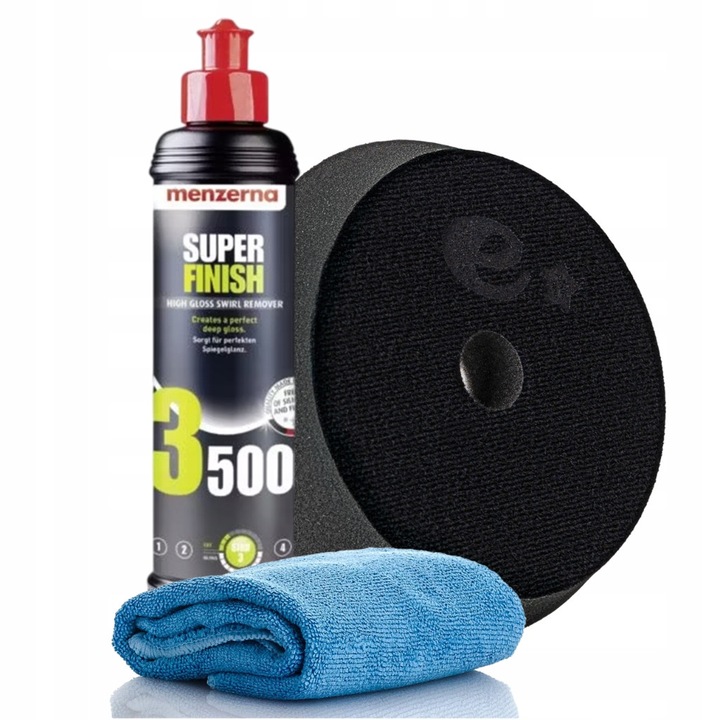 Menzerna SF 3500 szuper finishező polírpaszta szett, hologrammentes, fekete/kék, 250ml + 140mm-es pad + mikroszálas kendő