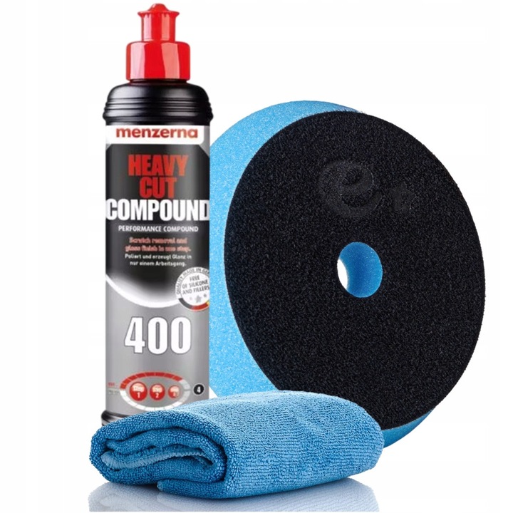 Menzerna HCC 400 polírozó készlet, agresszív One Step polírpaszta 250 ml, 140 mm kemény polírozó pad korrekcióhoz, mikroszálas kendő 1 db, Kék