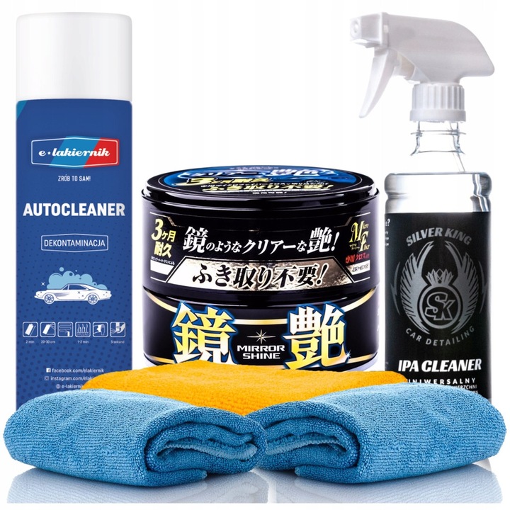 Soft99 Mirror Shine Dark autóápoló szett, fekete wax 200g, autocleaner 500ml, IPA cleaner 500ml, 2x mikroszálas kendő