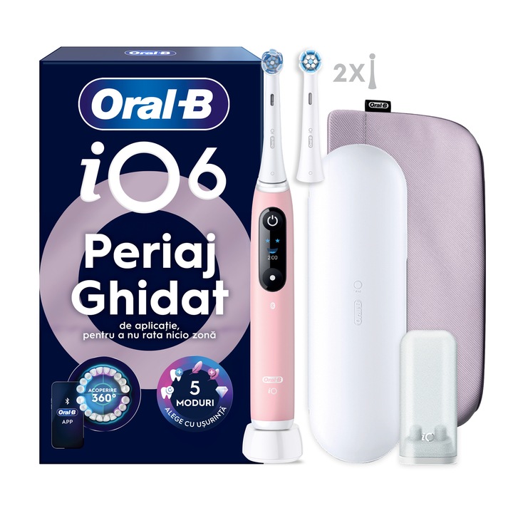 Periuta de dinti electrica Oral-B iO 6, Roz, 2 Capat de periaj, Trusa de calatorie, Husa magnetica, Suport pentru capatul de periaj