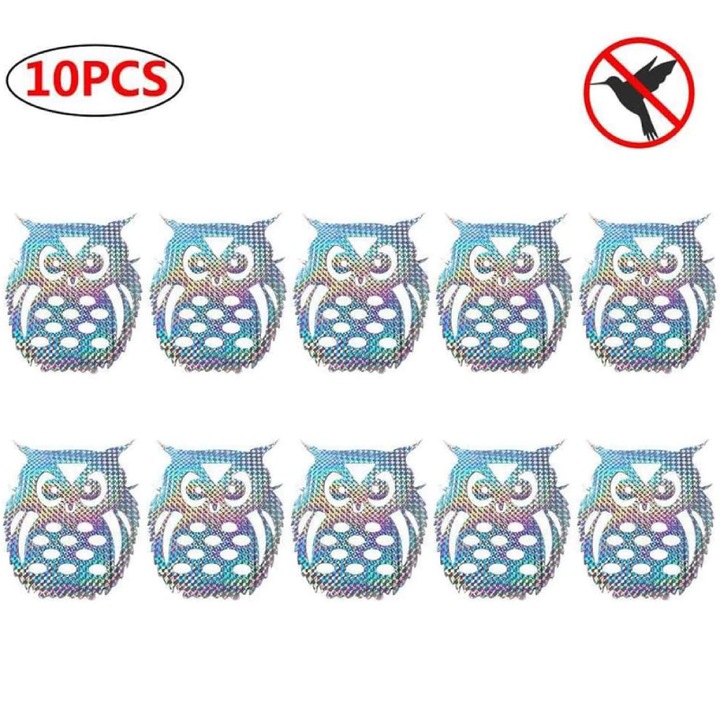 Set 10 Banda Reflectorizanta Sperietoare de Pasari, OEMG®, anti pasari, Protectie si Descurajare a Porumbeilor grauri, ciori, model Bufnita Holograma, pentru Balcoane, Gradini si Acoperisuri, 15.5 cm x 19.5 cm
