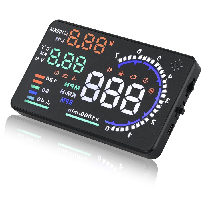 Afisaj HUD/Head-up display Luxury-Goods A8, 5.5 inch LED LCD, съвместим с OBD2, автоматично регулиране на яркостта и автоматично включване, Plug&Play с OBD2-mini USB кабел 140cm, черен, 1 бр
