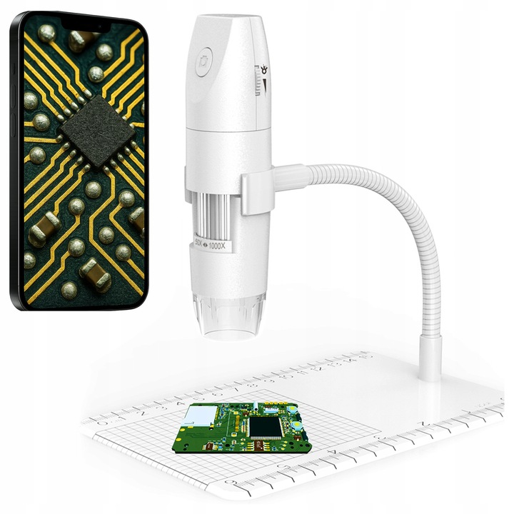 Дигитален микроскоп MBG Line 316, безжичен WiFi, увеличение 50x-1000x, сензор 2 MP Full HD, видео и фото запис, 8 регулируеми LED светлини, включена регулируема стойка, бял, 1 бр.