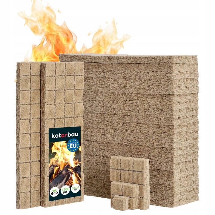 KOTARBAU® Set de 1200 de bucati de cuburi pentru aprins focul, lana de lemn, 25 x 8 x 13 cm, natural, aprindere pentru gratar, semineu, cuptor cu lemne