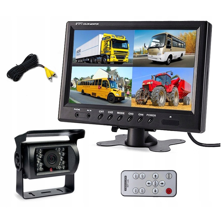 MBG Line parkoló szett, 9" LCD monitor 4 csatornás kijelzővel, tolatókamera 18 IR LED-del (láthatóság akár 15m), automatikus csatornaaktiválás, IP66, Fekete, 1 szett