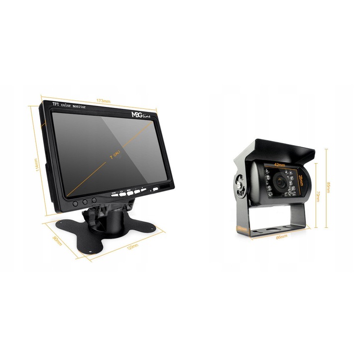 Комплект за паркиране MBG Line Monitor 7'', метална камера с 18 IR LED, 2-канален монитор с пилот и 10м кабел, 12/24V, Черен, 1 комплект