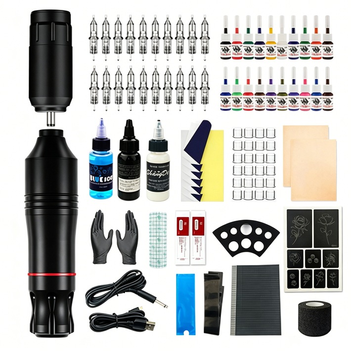 Set de masini rotative de tatuaj cu stilou fara fir, Rotativ, viteza 8000 RPM, cu 20 ace, 20 de culori, 25 cupe de culoare, design ergonomic, tip stilou, profesional, Durabil, aparat kit de accesorii