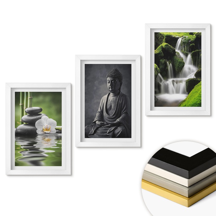 Комплект от 3 декоративни картини, Coloray, Relaxáló vizes ZEN képek, Зелено, 20x30 cm, Атмосферен, бяла рамка, 040330010180100291317