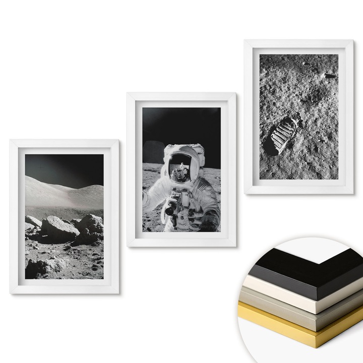 Комплект от 3 декоративни картини, Coloray, NASA fotók hold asztronauta, Черно, Бяло, 20x30 cm, Атмосферен, бяла рамка, 040330010180100291301