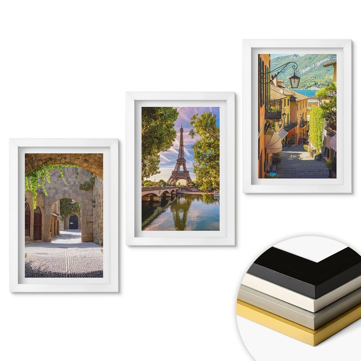 Комплект от 3 декоративни картини, Coloray, Utcák Eiffel építészet, Кафяв, 20x30 cm, Атмосферен, бяла рамка, 040330010180100291309