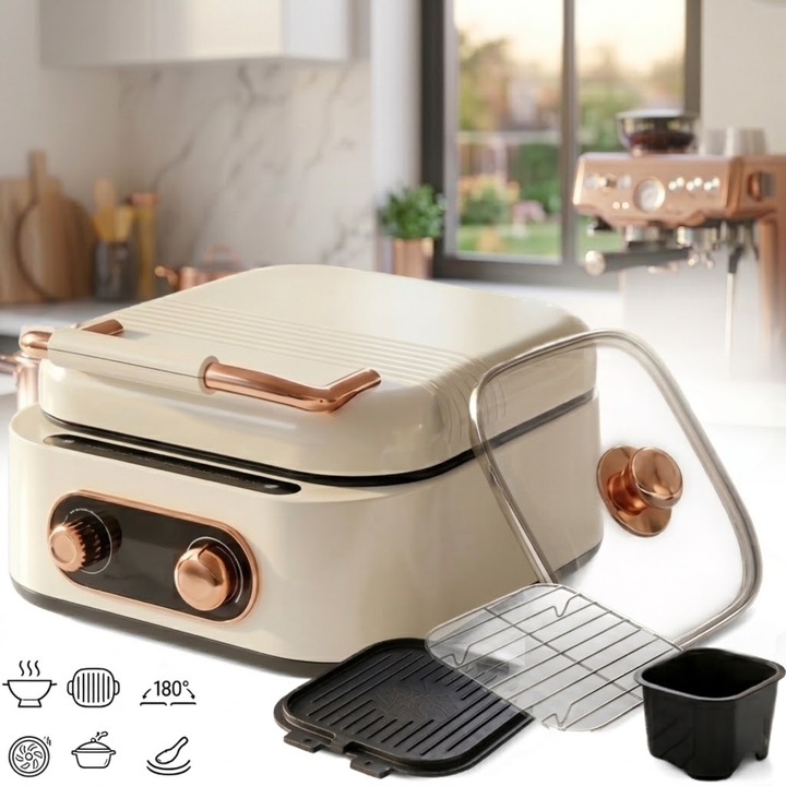 Multicooker Premium 3-in-1 Hot Pot Grill Infiniteea™️, Putere 1600W, Grill si Plita Dubla, Deschidere 180 Grade, Capacitate 2.4L, Control Temperatura, Invelis Antiaderent, Gatiti Sanatos si Rapid, Accesorii Incluse, Creme/Rose Gold