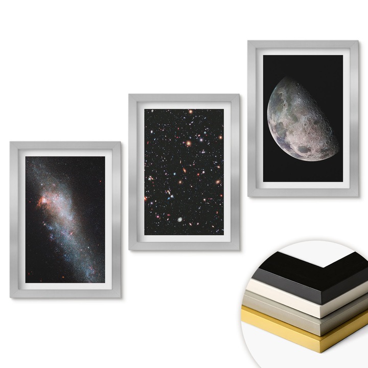 Комплект картина от 3 части, Coloray, Космос галактики звезди Луна, 20x30 см, сребърна рамка