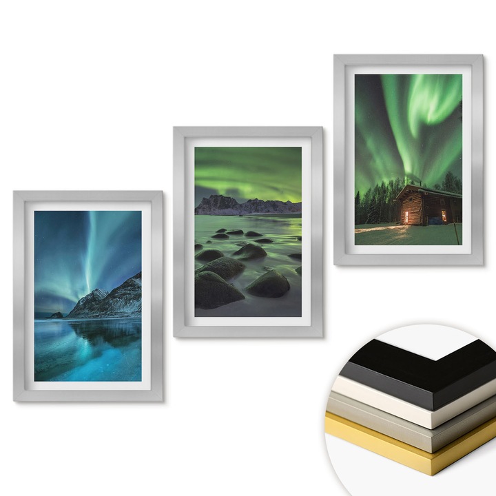 Комплект от 3 декоративни картини, Coloray, зимни пейзажи, зелено, 20x30 см, сребърна рамка