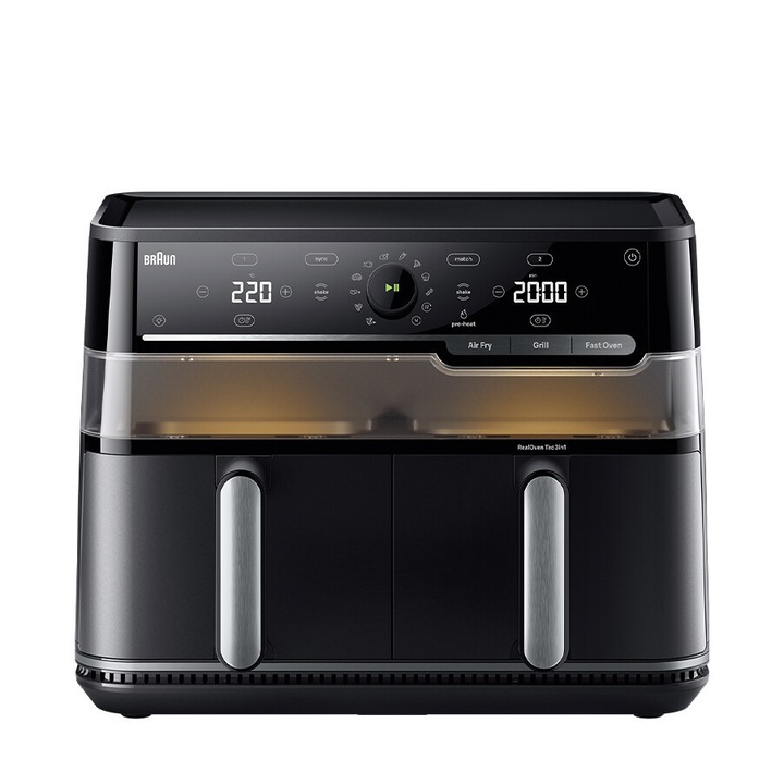 Friteuza cu aer cald Braun TwinCook 5 TD5073, 3in1: air fryer, grill si cuptor, 2850W, 10L (5L + 5L), 2 sertare ceramice, tehnologie RealOven 3in1, 20 programe automate, Functii Sync & Match, temperatura ajustabila, ecran digital, oprire automata, negru​