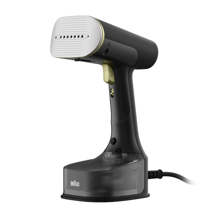 Aparat de calcat vertical cu abur Braun GS7088CP, 1600 W, abur variabil 35 g/min, rezervor detasabil 250 ml, sistem ActiClean Easy, talpa ceramica Dual FreeGlide 3D, incalzire rapida 35 sec, perie pentru tesaturi groase, negru
